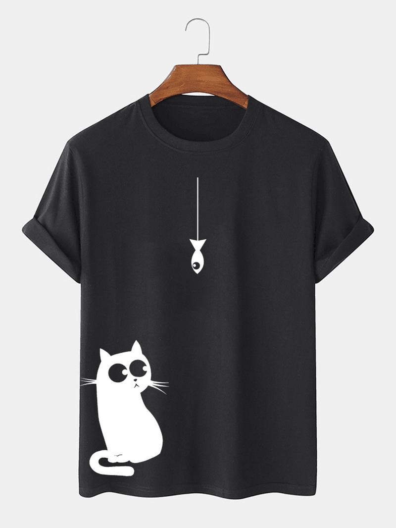 100% Bomull Tecknad Katttryck Med Runda Kortärmade T-shirts Med Lös Hals