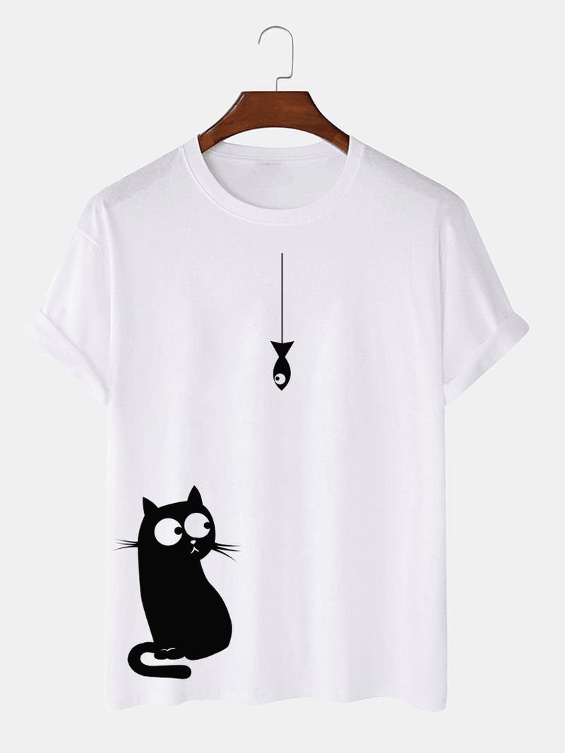 100% Bomull Tecknad Katttryck Med Runda Kortärmade T-shirts Med Lös Hals