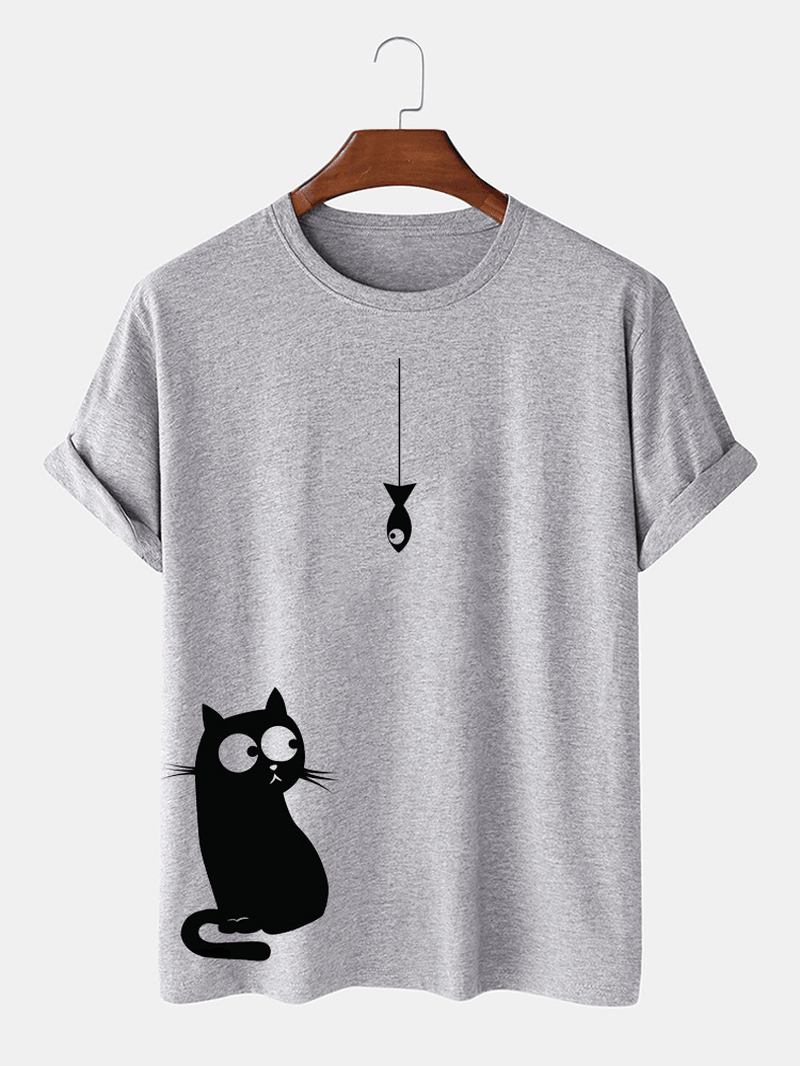 100% Bomull Tecknad Katttryck Med Runda Kortärmade T-shirts Med Lös Hals