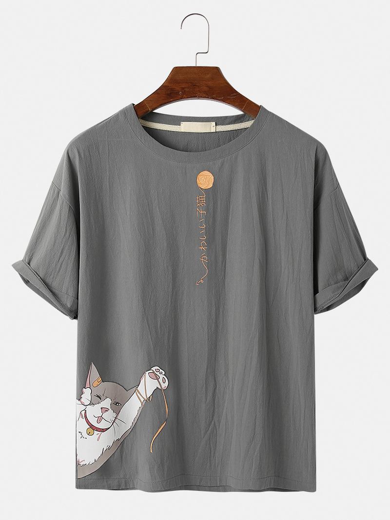 Bomull Söt Tecknad Kattmönster Text Med Tryck Kortärmad Casual T-shirt