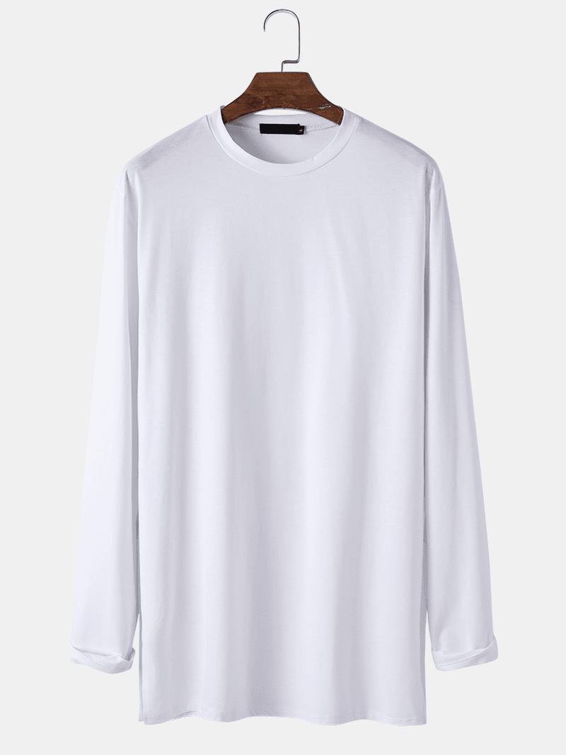 Enfärgad Rund Hals För Män Sidodelad Långärmad Casual T-shirt