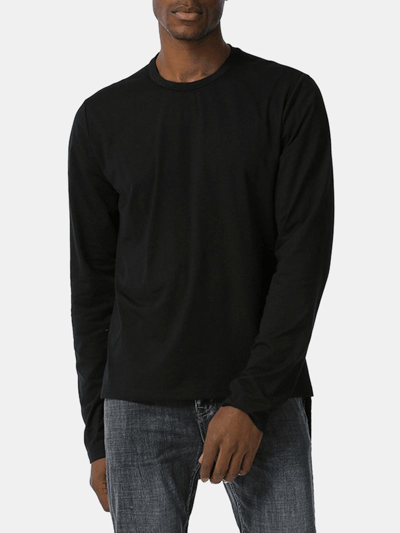 Enkel Rund Hals För Män I Enfärgad Långärmad Hög-låg Fåll T-shirts
