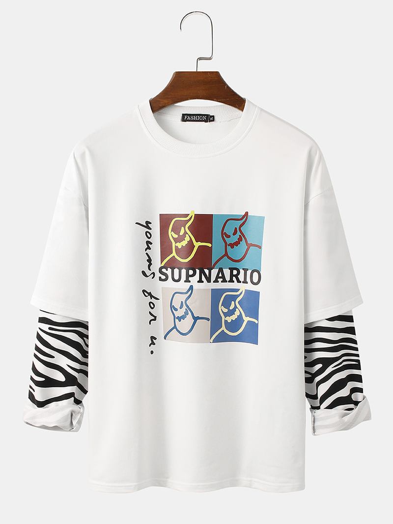Grafiskt Tryck För Män Zebra Patchwork Faux Twinset Långärmad T-shirt