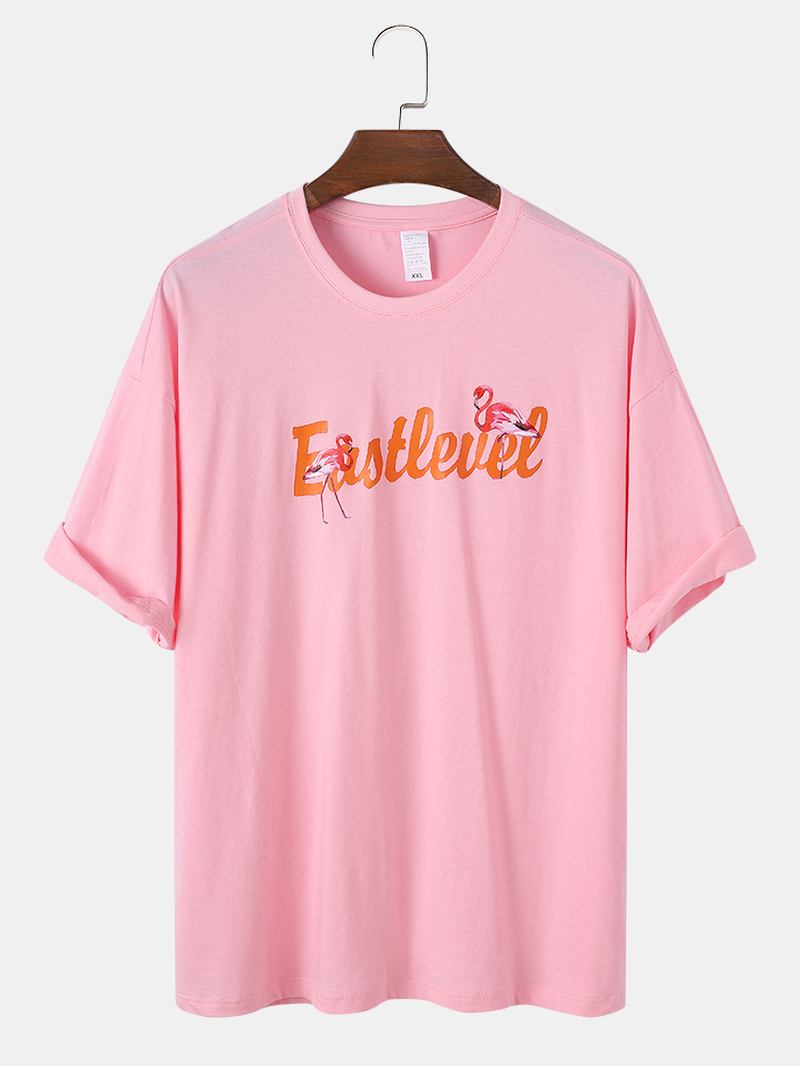 Herr Flamingo Letter Med Tryck Rund Hals Lös Bomull Kortärmade T-shirts