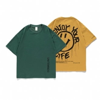 Japansk T-shirt Med Rund Hals Tide Letter Smileytryck Casual Kortärmad Lös Halvärmad Tröja