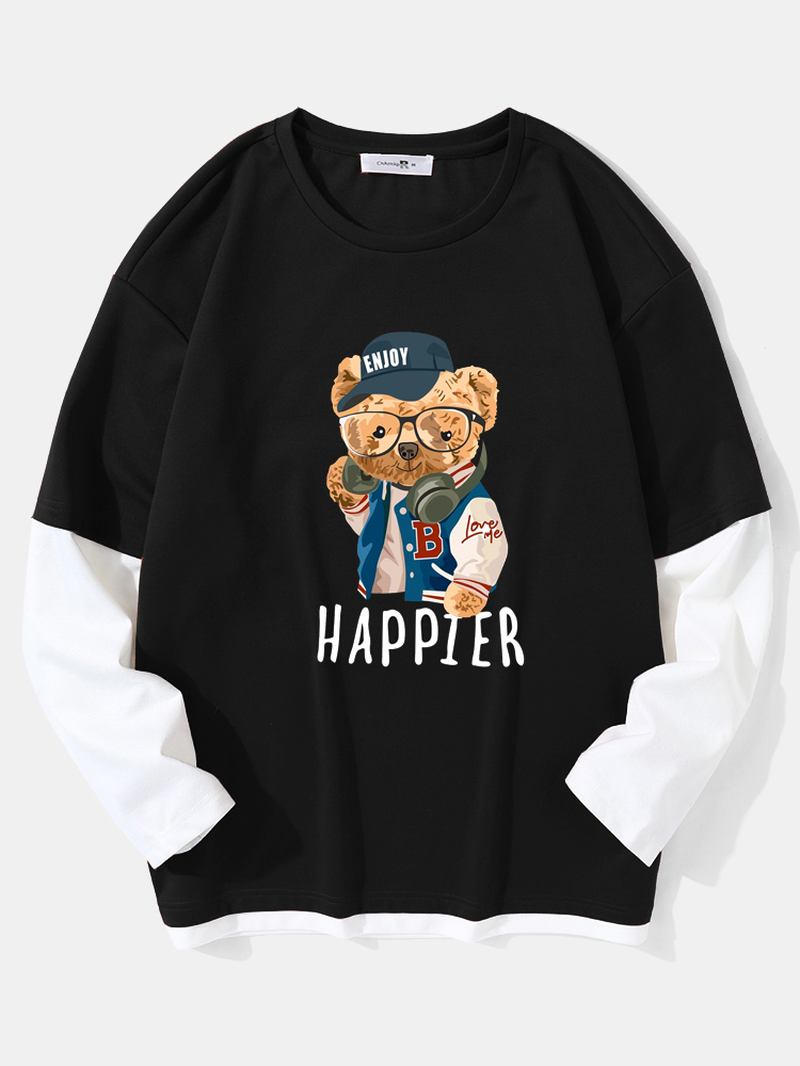 Män Teddy Bear Med Tryck Letter Fakes Two Drop Shoulder T-shirts