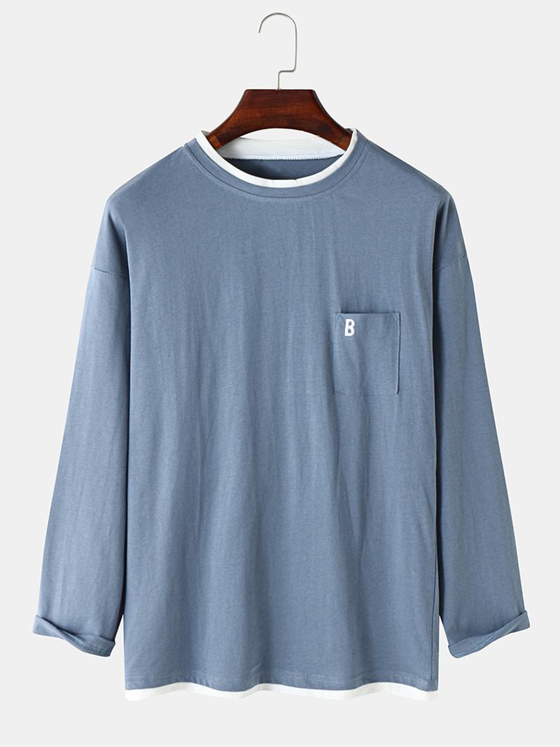 Solid Långärmad T-shirt För Broderiskarvning För Män