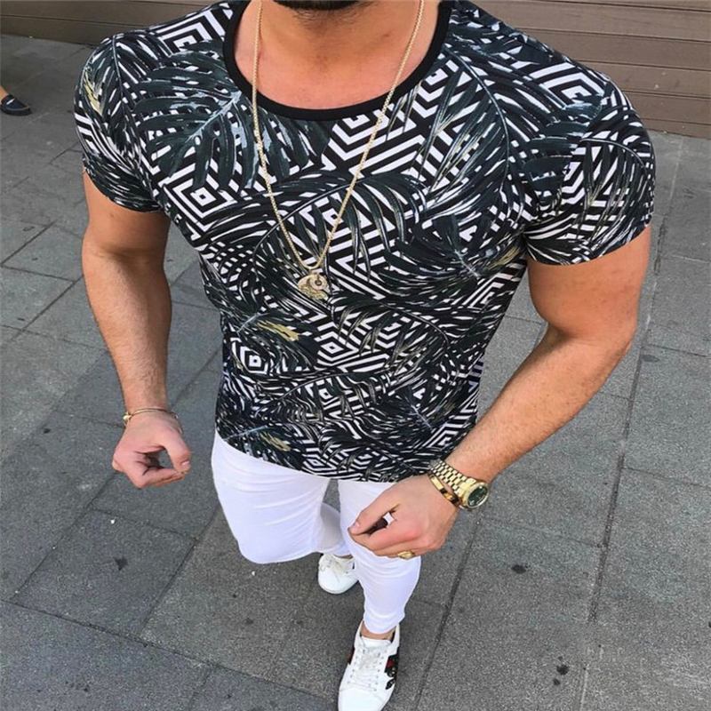 Tryckt Rund Halsad Topp Smal Kortärmad