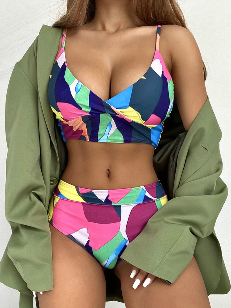 Dam Geometri Med Tryck High Waist Bikini Spaghetti Straps Badkläder