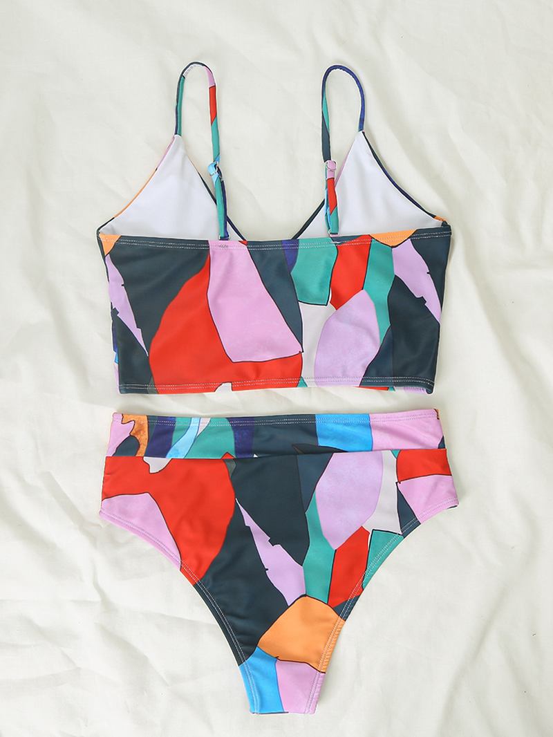 Dam Geometri Med Tryck High Waist Bikini Spaghetti Straps Badkläder