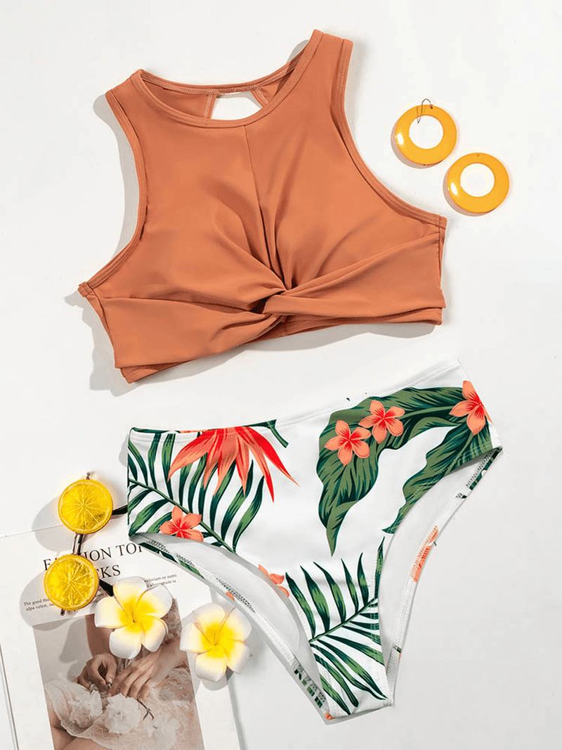 Enfärgad Twist High Neck Top Tropical Med Tryck High Waist Hawaii Style Trosa Bikini För Kvinnor