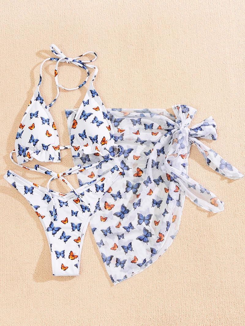 Fjärilstryck Blomgrimma Volang Delad Kjol Badkläder Beach Bikini Tredelade Set För Kvinnor