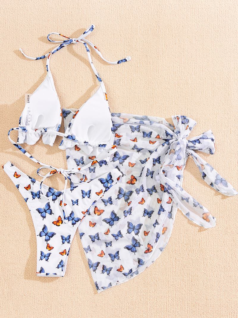 Fjärilstryck Blomgrimma Volang Delad Kjol Badkläder Beach Bikini Tredelade Set För Kvinnor