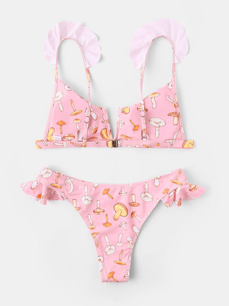 Grönsaker Svamp Med Tryck V-hals Casual Bikini Sets Med Låg Midja