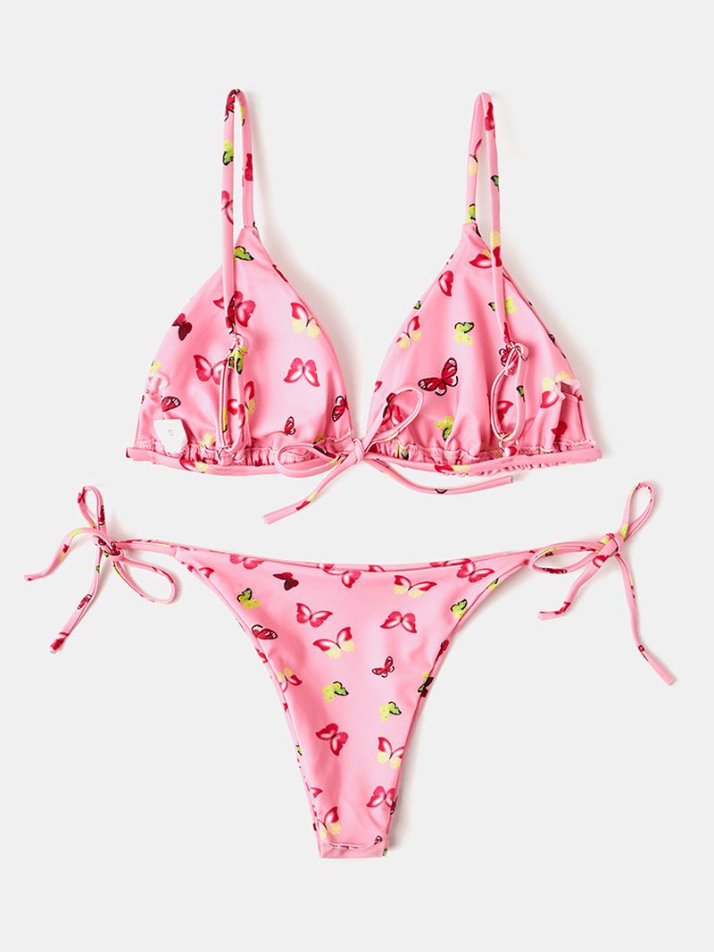 Kvinnor Färgglada Butterfly Med Tryck Spaghetti Straps Backless Thong Bikinis