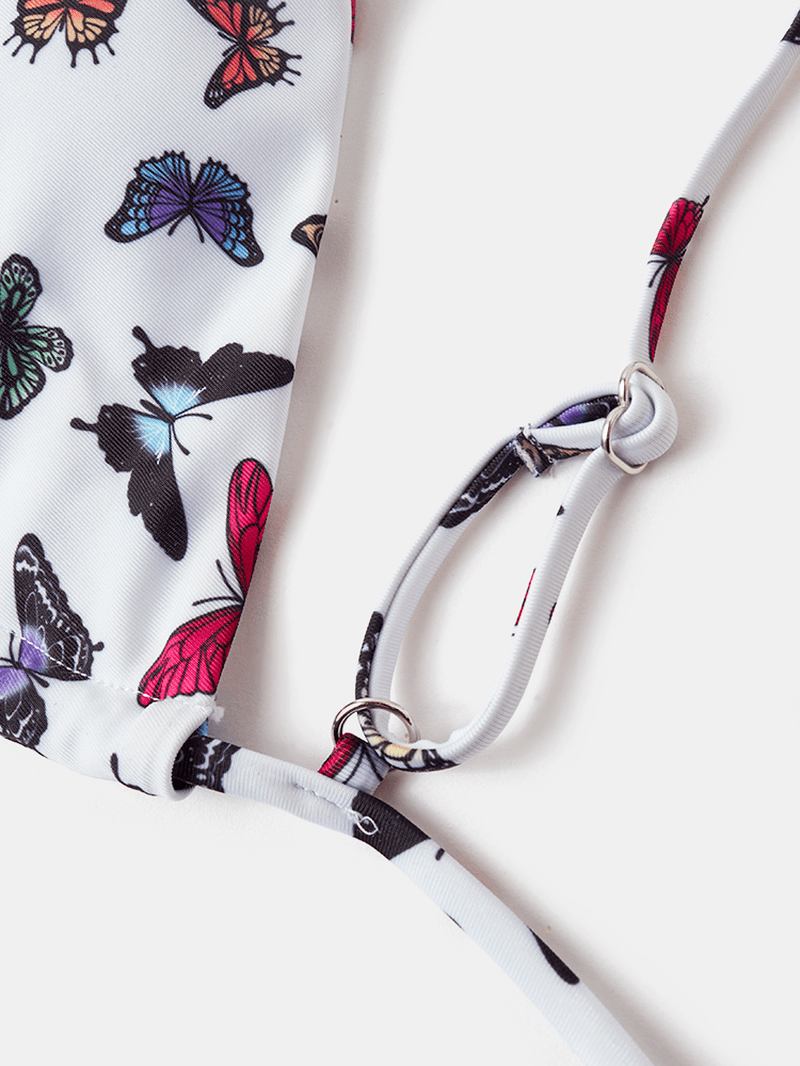 Kvinnor Färgglada Butterfly Med Tryck Spaghetti Straps Backless Thong Bikinis