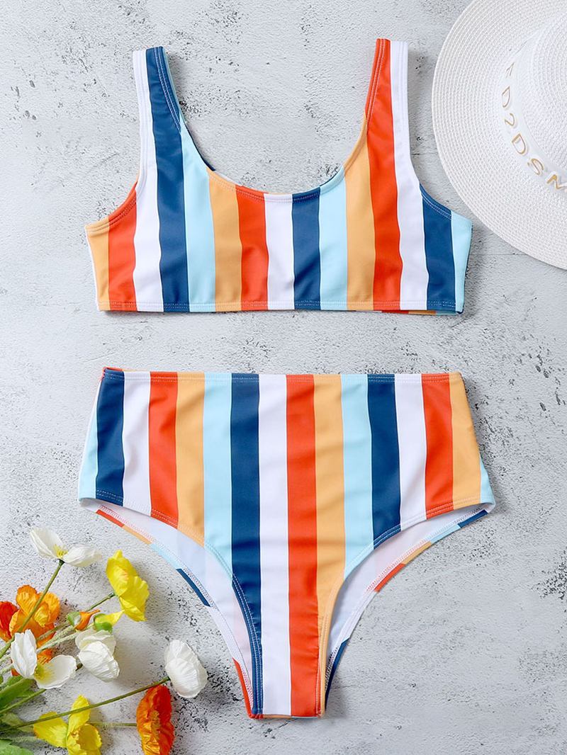 Kvinnor Färgglada Randiga Breda Remmar Topp Hög Midja Bikini Baddräkt