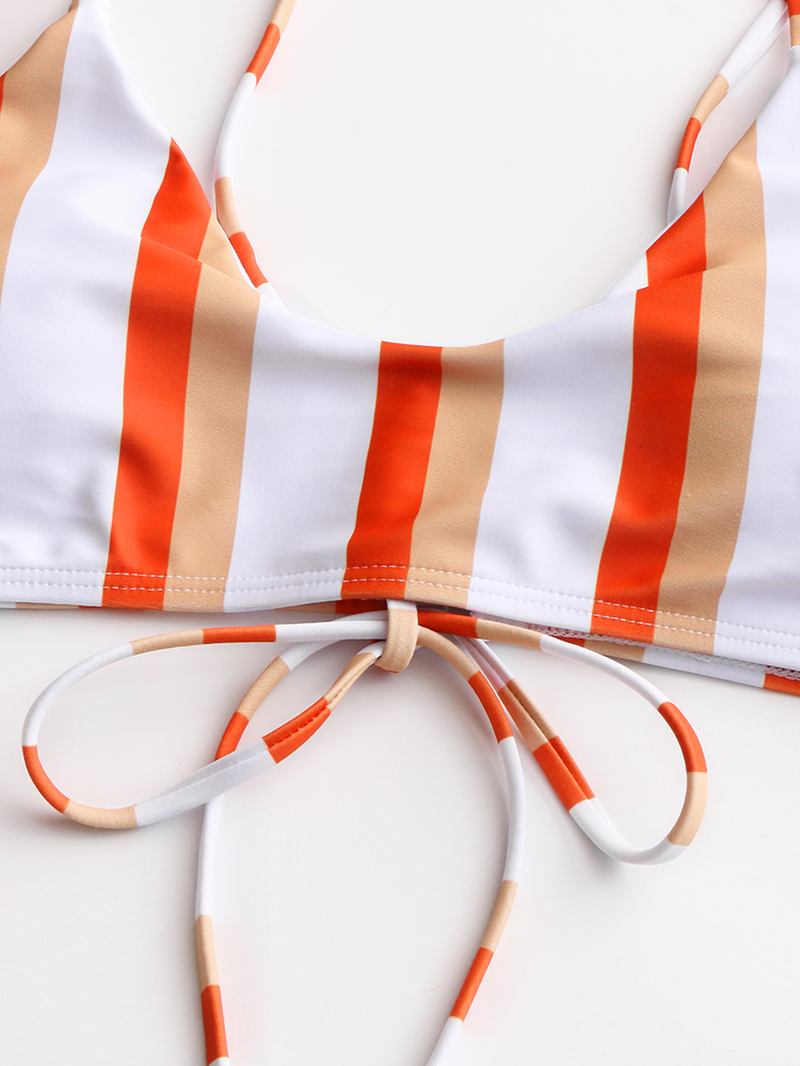 Kvinnor Färgglada Randiga Ryggbandage Hög Midja Bikini Rygglös Baddräkt