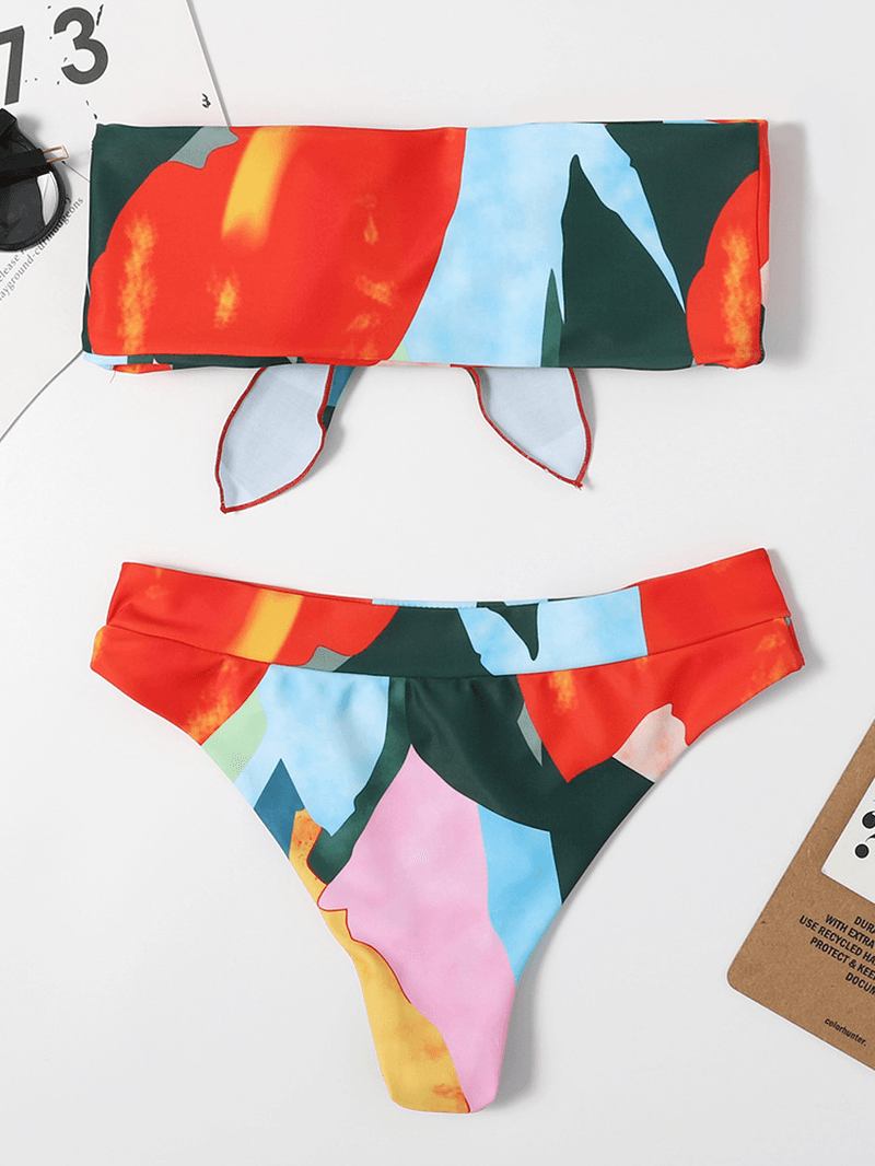 Kvinnor Färgglada Tryck Tie Front Bandeau Axelbandslösa Bikinis Med Stringtrosa