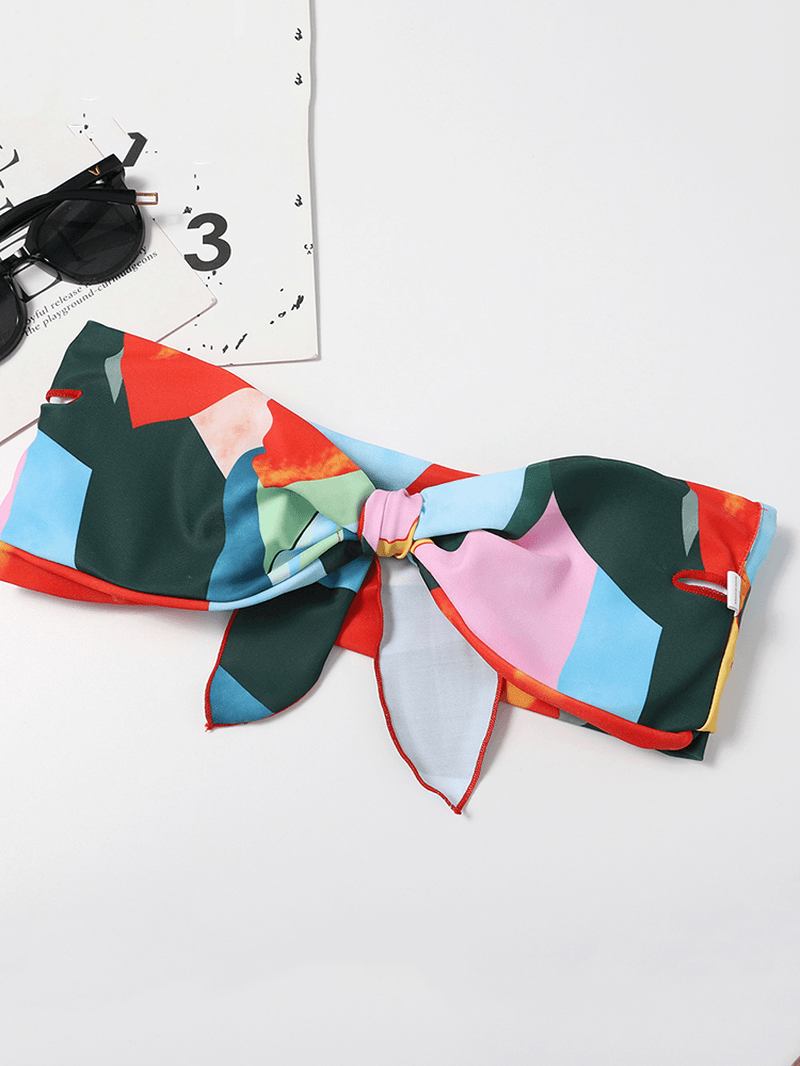 Kvinnor Färgglada Tryck Tie Front Bandeau Axelbandslösa Bikinis Med Stringtrosa