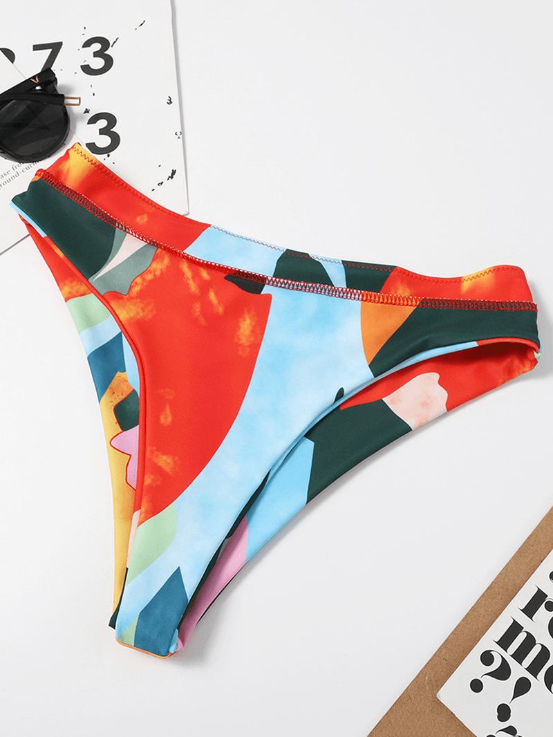 Kvinnor Färgglada Tryck Tie Front Bandeau Axelbandslösa Bikinis Med Stringtrosa