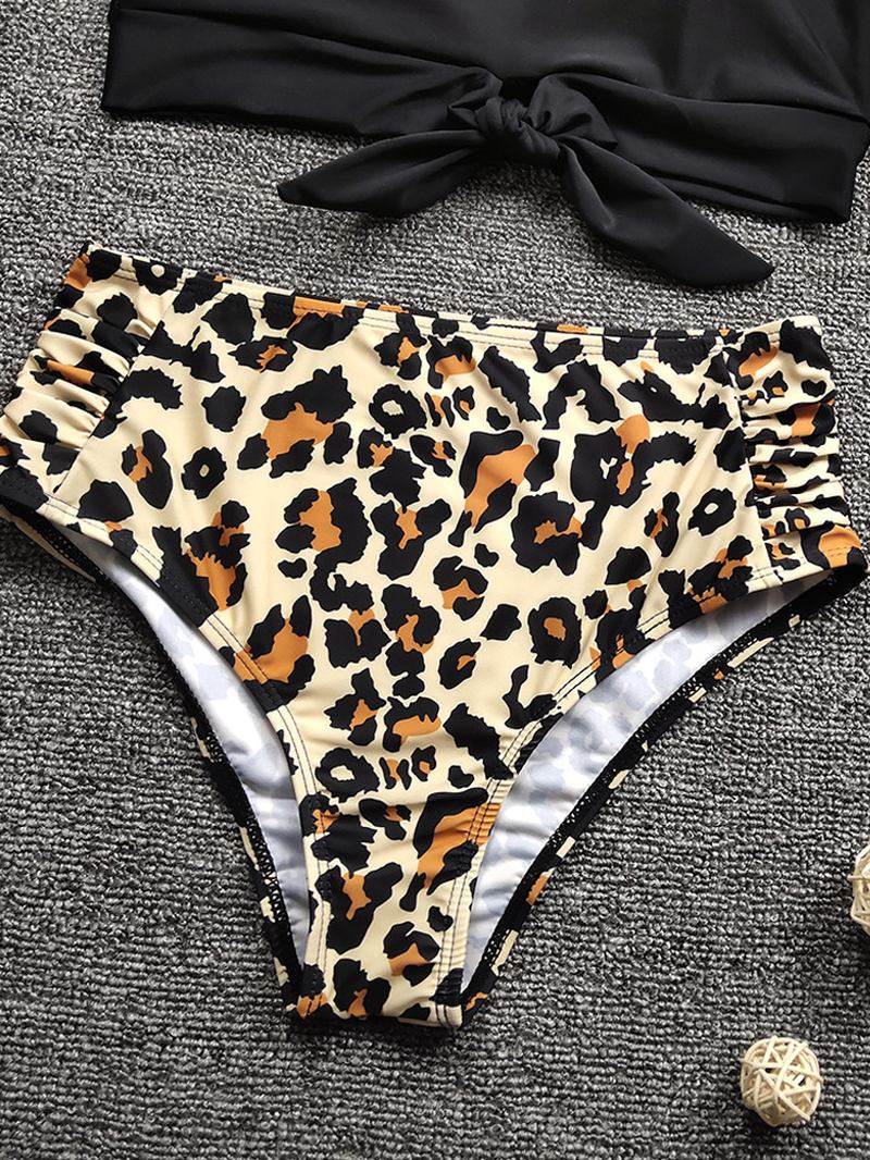 Kvinnor Leopard Med Tryck Tie Front High Neck Hot High Waist Bikini
