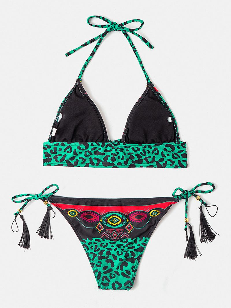 Kvinnor Leopard Patchwork Etniskt Tryck Halter String Bikini Rygglösa Badkläder