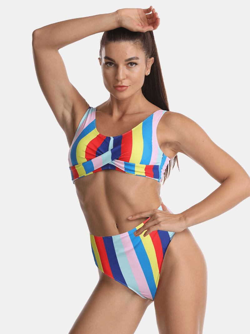Kvinnor Multicolor Stripe Vik Veckade Breda Remmar Bikinisbaddräkt Med Hög Midja