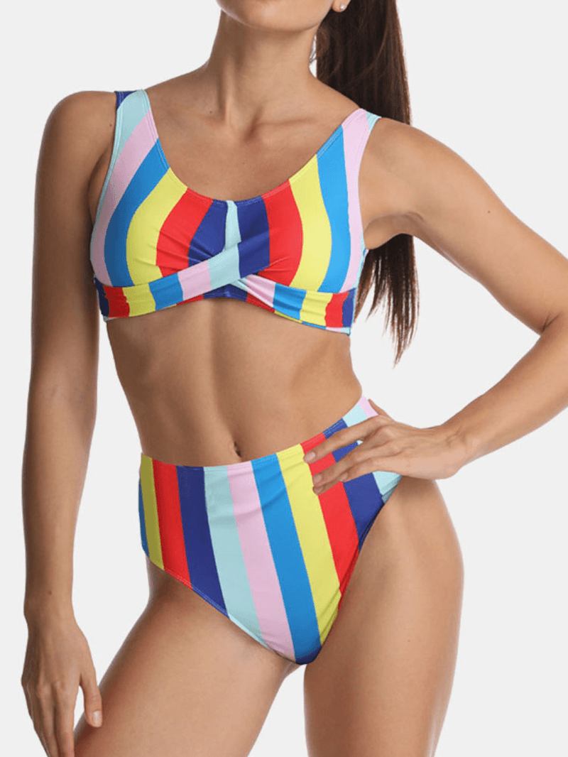 Kvinnor Multicolor Stripe Vik Veckade Breda Remmar Bikinisbaddräkt Med Hög Midja