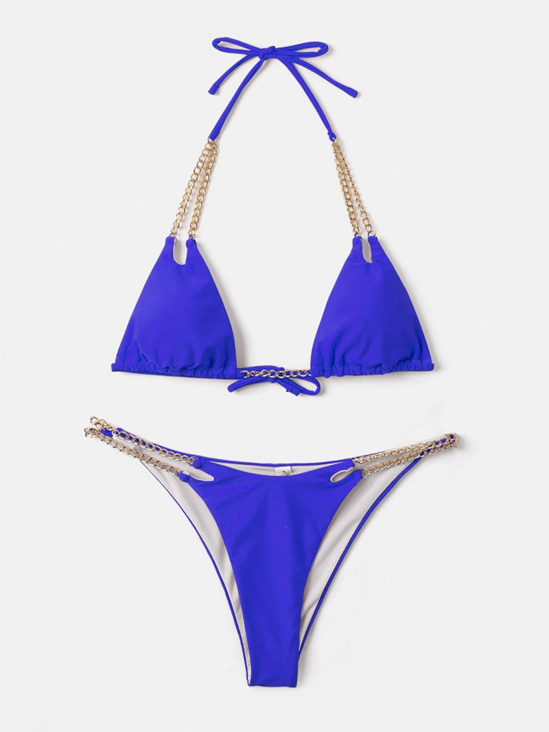 Kvinnor Triangel Halter String Enfärgade Chain Bikini Backless Badkläder