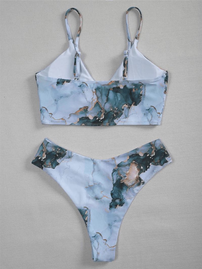 Marmormönster Med Tryck Spaghetti Straps Öppen Rygg Bikini Dam Beach Badkläder