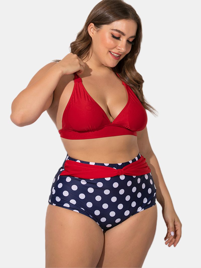 Plus Size Grimma Snörning Hög Midja Polka Dot Bottom Bikini