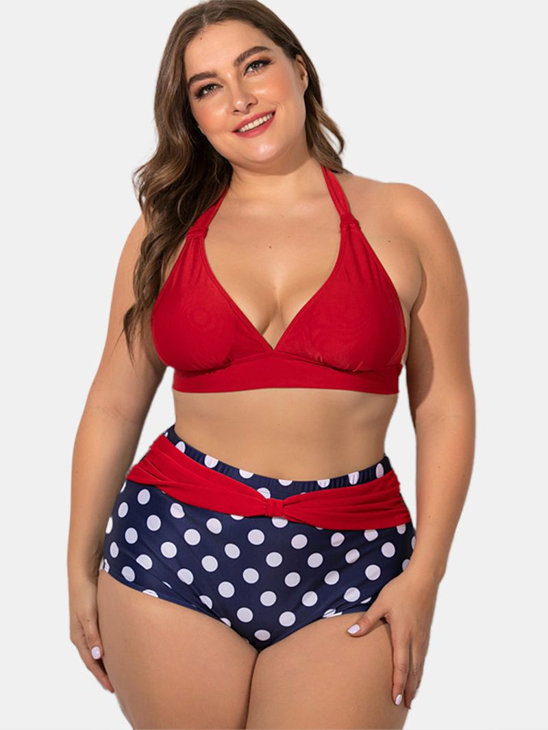 Plus Size Grimma Snörning Hög Midja Polka Dot Bottom Bikini