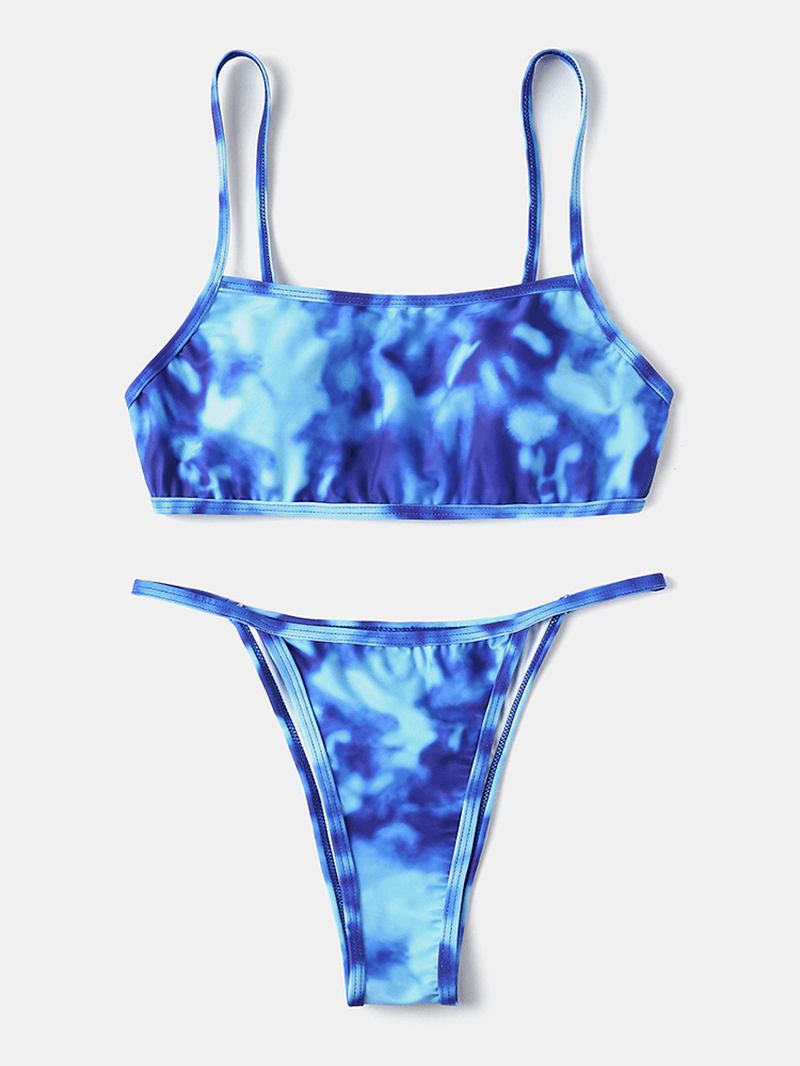 Tie Dye Med Tryck Thong Bikini Spaghetti Straps Backless Baddräkt