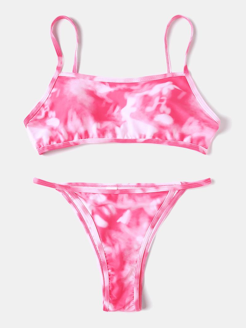 Tie Dye Med Tryck Thong Bikini Spaghetti Straps Backless Baddräkt