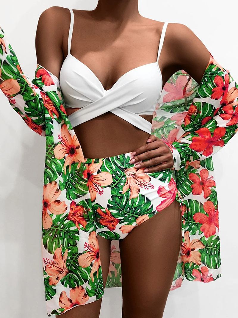 Tropical Plants Med Tryck Högmidjade Bikinis Badkläder I Tre Delar Med Täckning