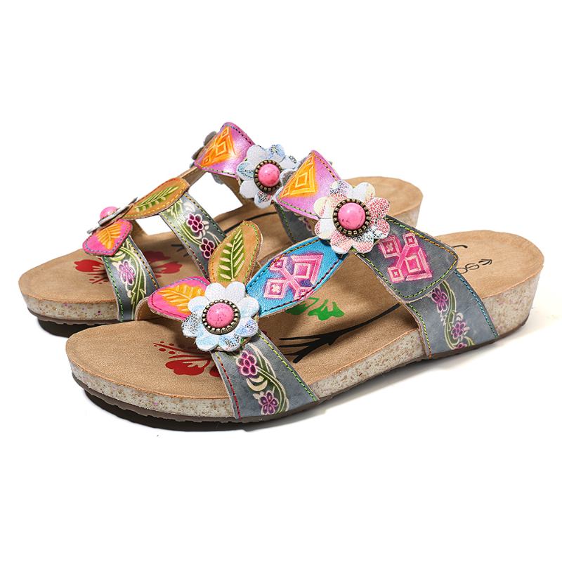 Handblommiga Sandaler I Äkta Läder