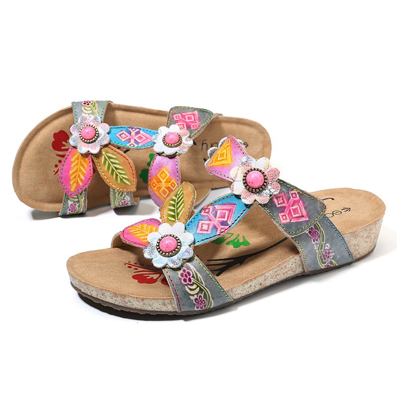 Handblommiga Sandaler I Äkta Läder