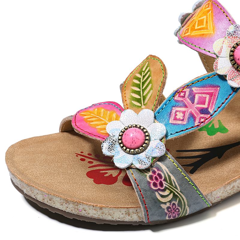 Handblommiga Sandaler I Äkta Läder