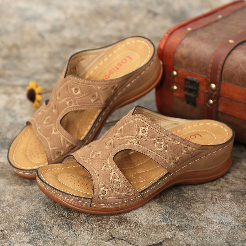Kvinnor Broderi Öppen Tå Casual Slip On Summer Wedge Sandaler