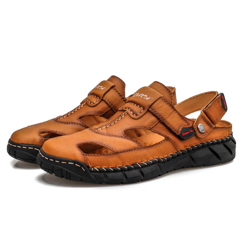 Läder Halkfri Hand Stricing Mjuk Sula Casual Sandaler