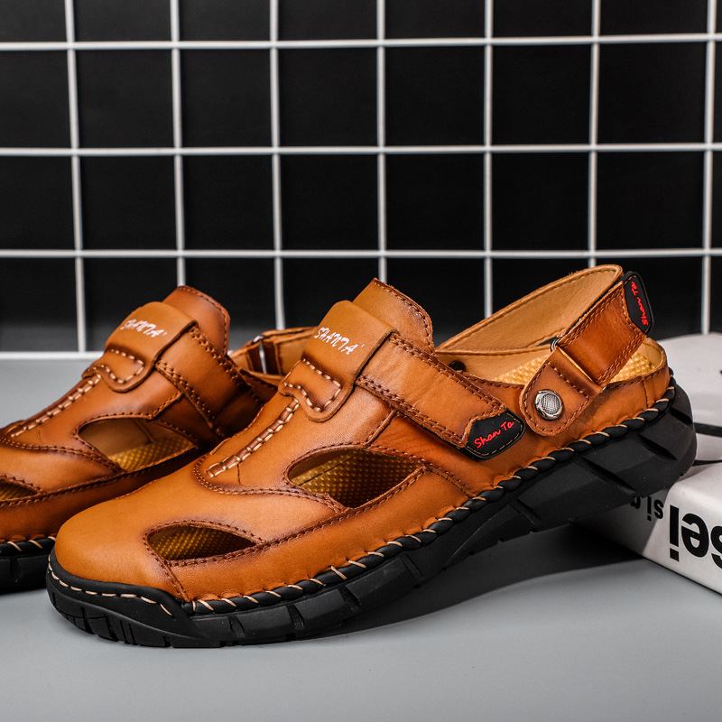 Läder Halkfri Hand Stricing Mjuk Sula Casual Sandaler