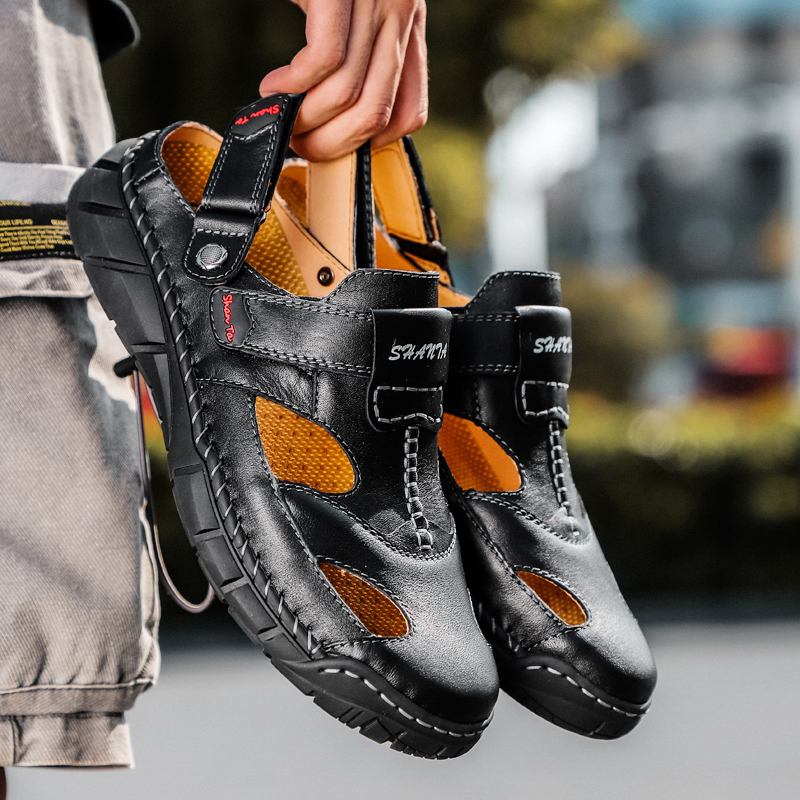Läder Halkfri Hand Stricing Mjuk Sula Casual Sandaler