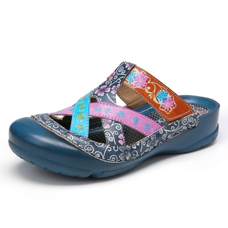 Läderblommiga Korsande Justerbara Band Slip-on Mules Träskor Flat Slides Sandaler