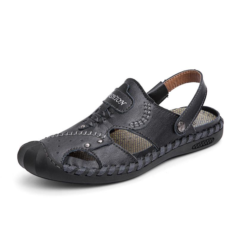 Män Casual Äkta Läder Handsömnad Sulor Sandaler