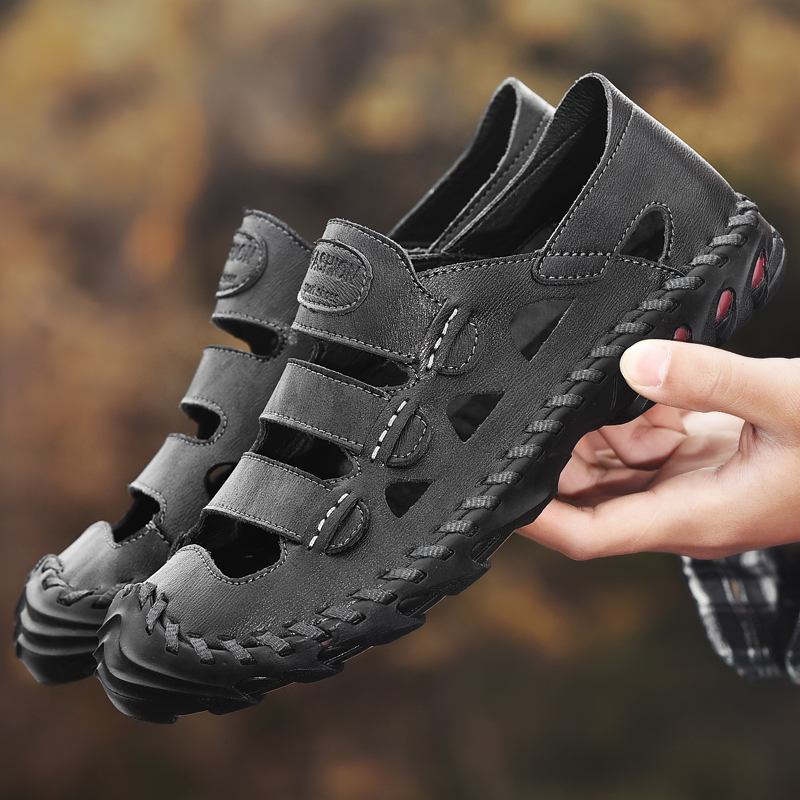 Män Kohud Andas Ihåliga Handsömmar Mjuk Botten Slip On Casual Outdoor Sandaler