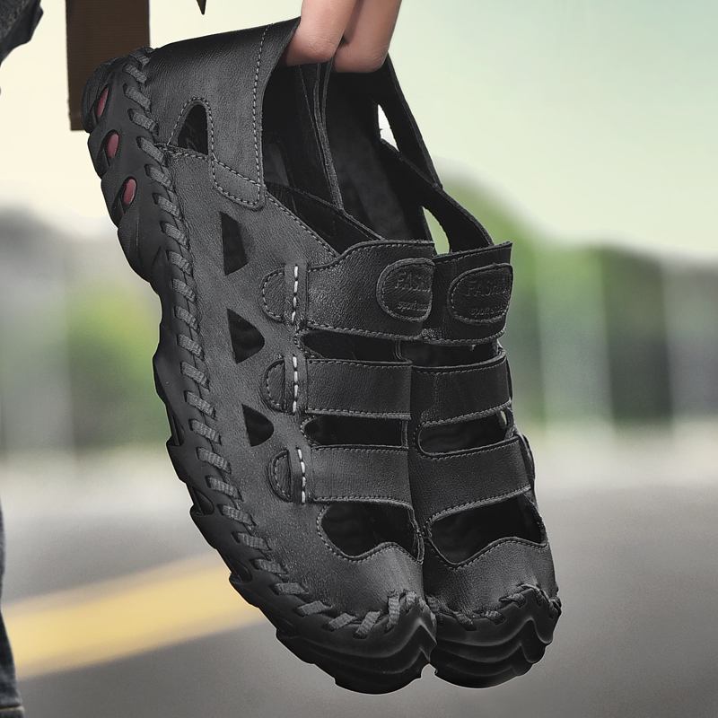 Män Kohud Andas Ihåliga Handsömmar Mjuk Botten Slip On Casual Outdoor Sandaler