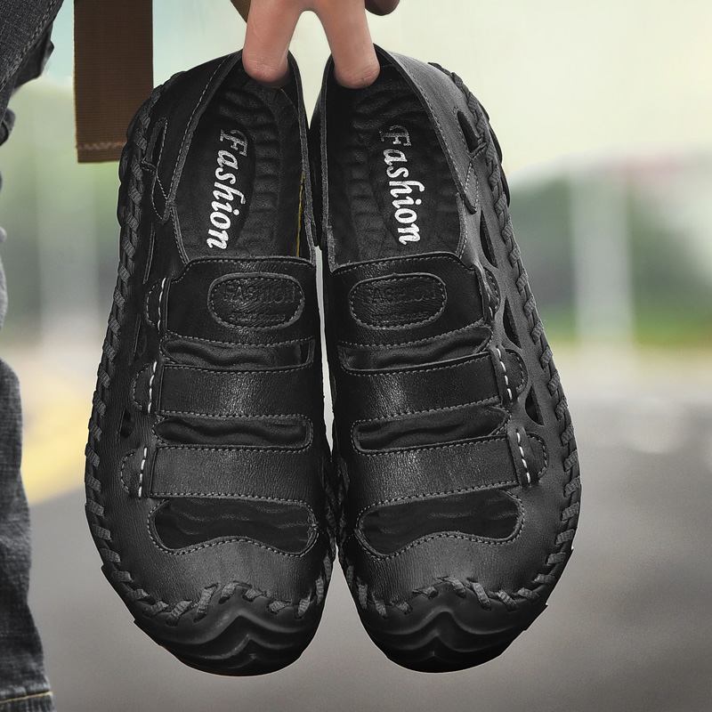 Män Kohud Andas Ihåliga Handsömmar Mjuk Botten Slip On Casual Outdoor Sandaler