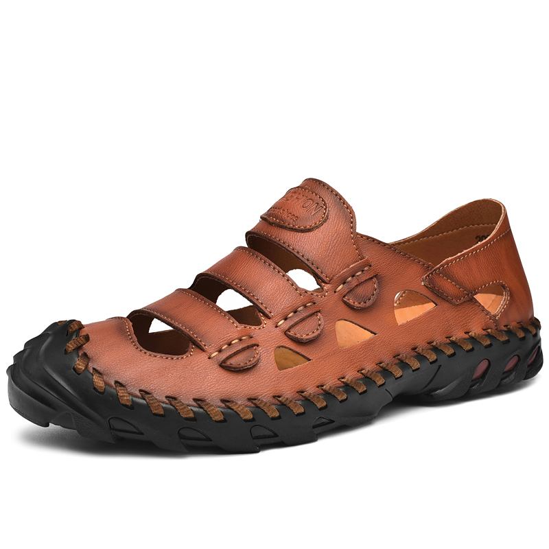 Män Kohud Andas Ihåliga Handsömmar Mjuk Botten Slip On Casual Outdoor Sandaler