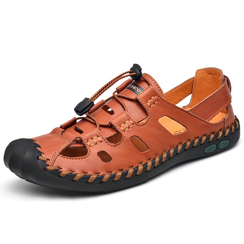 Män Kohud Ihåliga Handsömmar Mjuk Sula Halkfri Casual Outdoor Sandaler